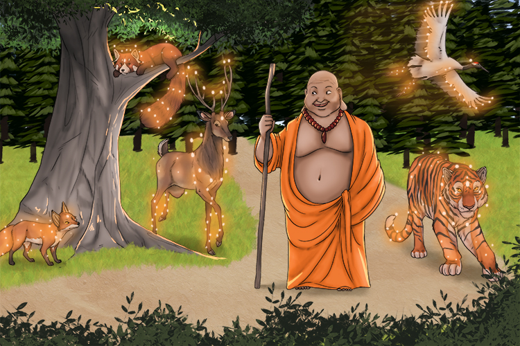 Buddha took a nature (Buddha-nature) trail and noticed that most of the animals had lights glowing around them. These had all been enlightened. All sentient beings were capable of enlightenment. 